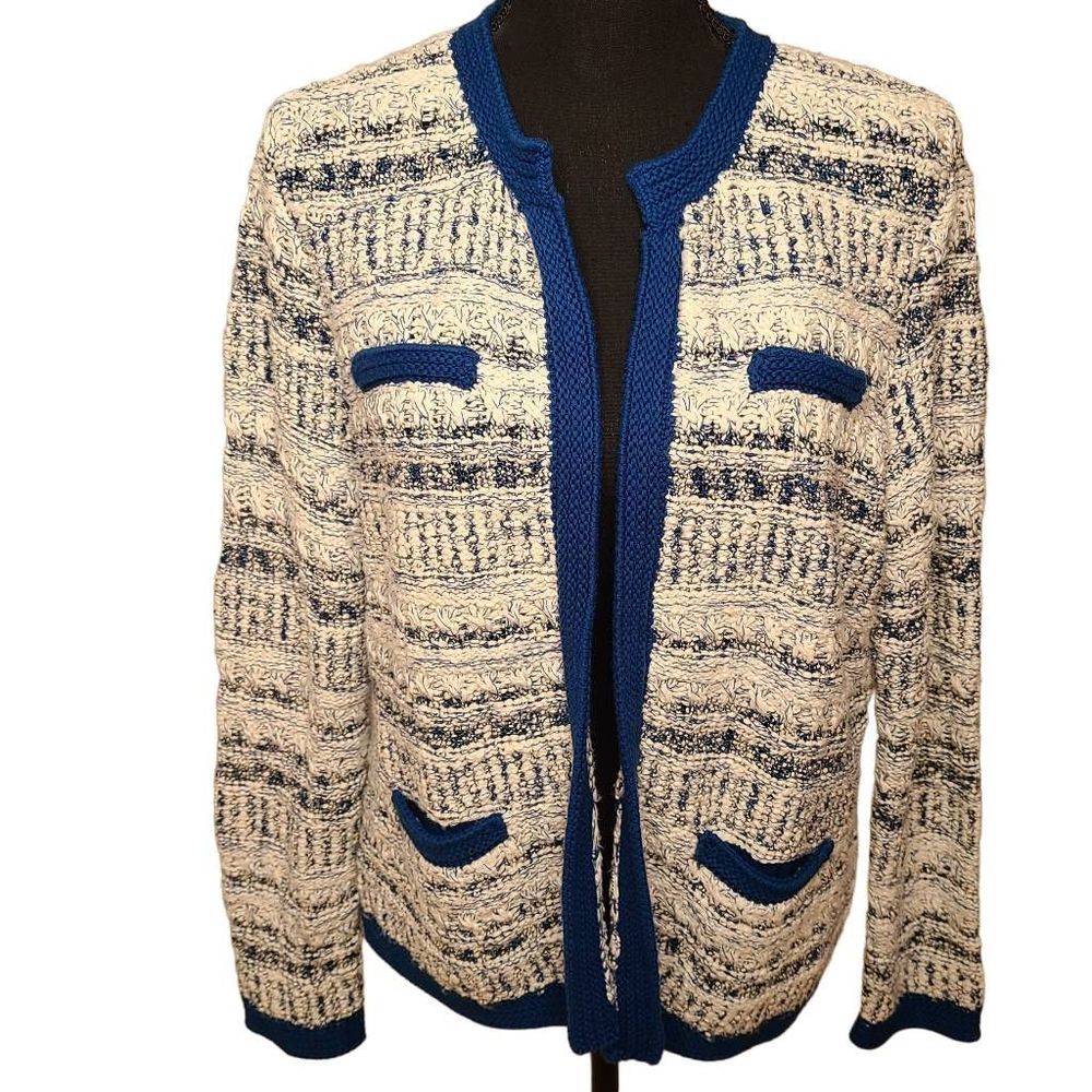 J. McLaughlin Cream and Royal Blue Textured Open Cardigan